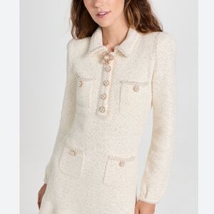 Self PORTAIT STYLE Cream Tweed Long Sleeve Dress with Jewel Buttons